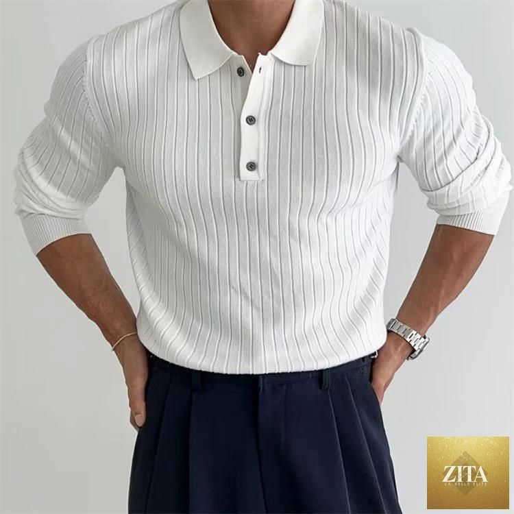 Men's MANDOTOS polo shirt with lapel, button detail, long sleeves, slim fit, made from comfortable fabric.