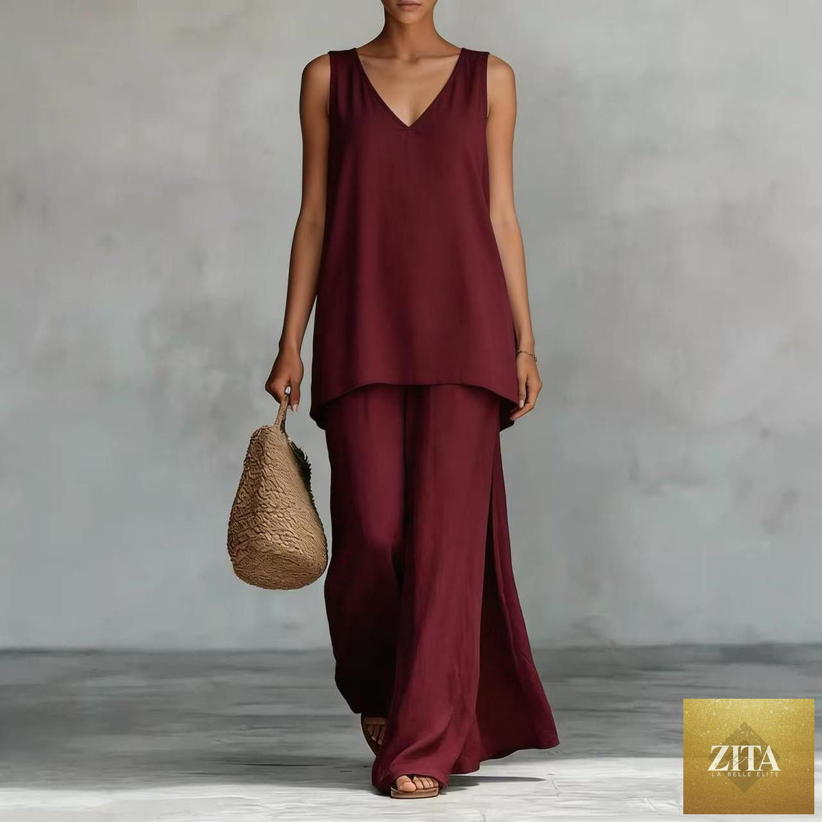 Women’s bohemian wide-leg pants and V-neck vest set by Zita La Belle Elite, featuring a colorful 3D print casualwear ensemble.