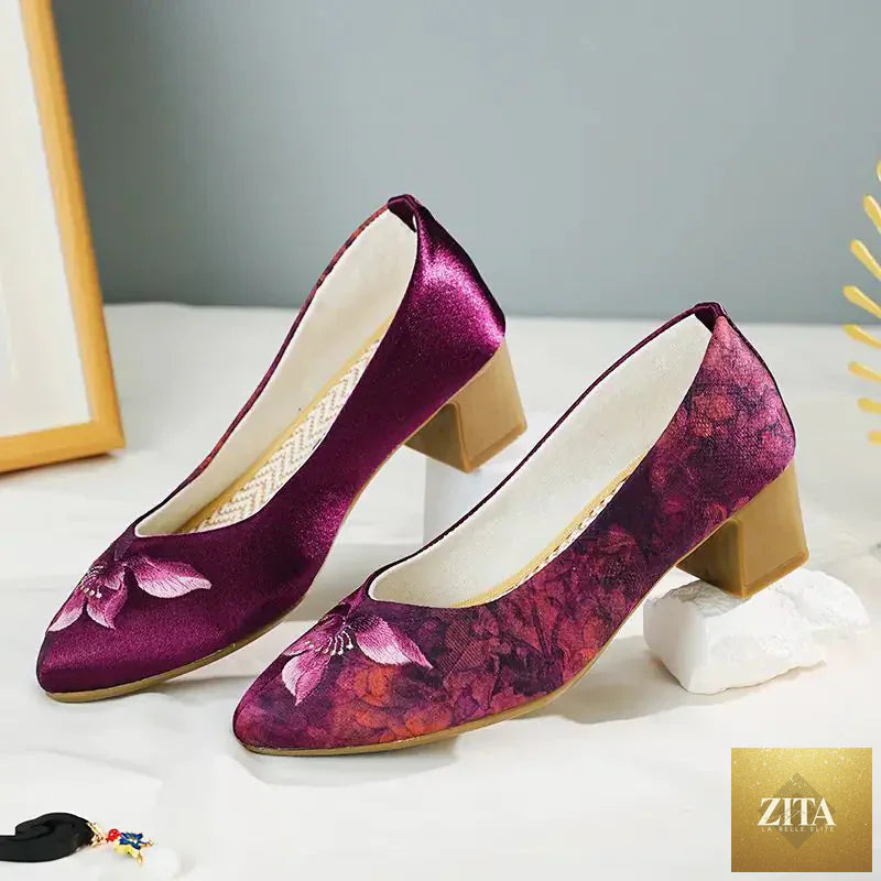 Elegant floral high heels for women with round toe, stylish women's shoes by Trendy Attic Store01, featuring a decorative floral design.