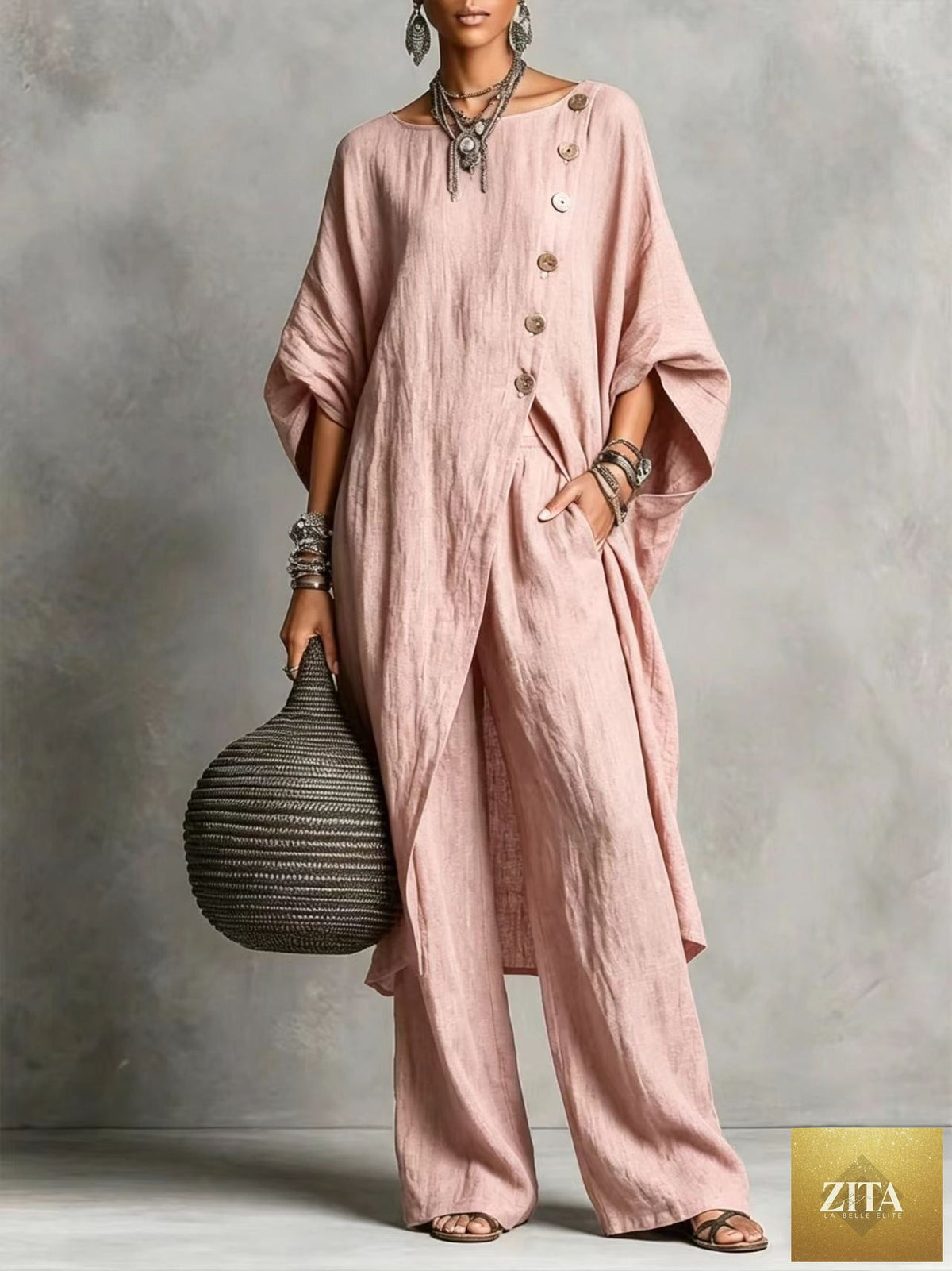 Women's casual Zita La Belle Elite drop shoulder three-quarter sleeve irregular shirt and matching pants set, stylish and comfortable.