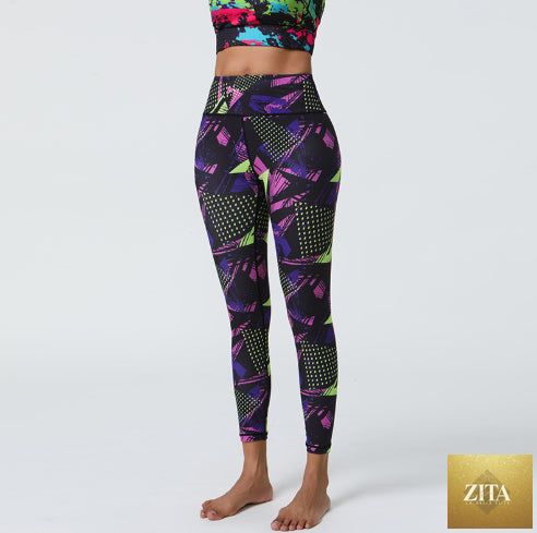 Women’s high-waisted printed athletic yoga pants featuring stretchy fabric and a fitted design for fitness and comfort.