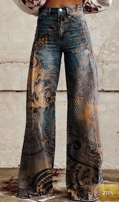 Women's printed flare pants by Zita La Belle Elite, mid-waist casualwear, full-length plus size pants with colorful patterns.