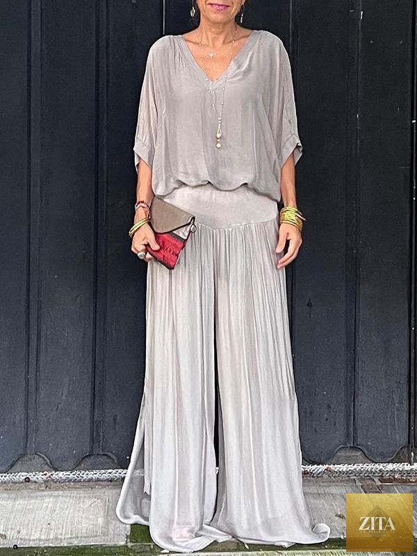 Solid-color chiffon two-piece casualwear set by Zita La Belle Elite, featuring a flowing top and matching pants in various colors.