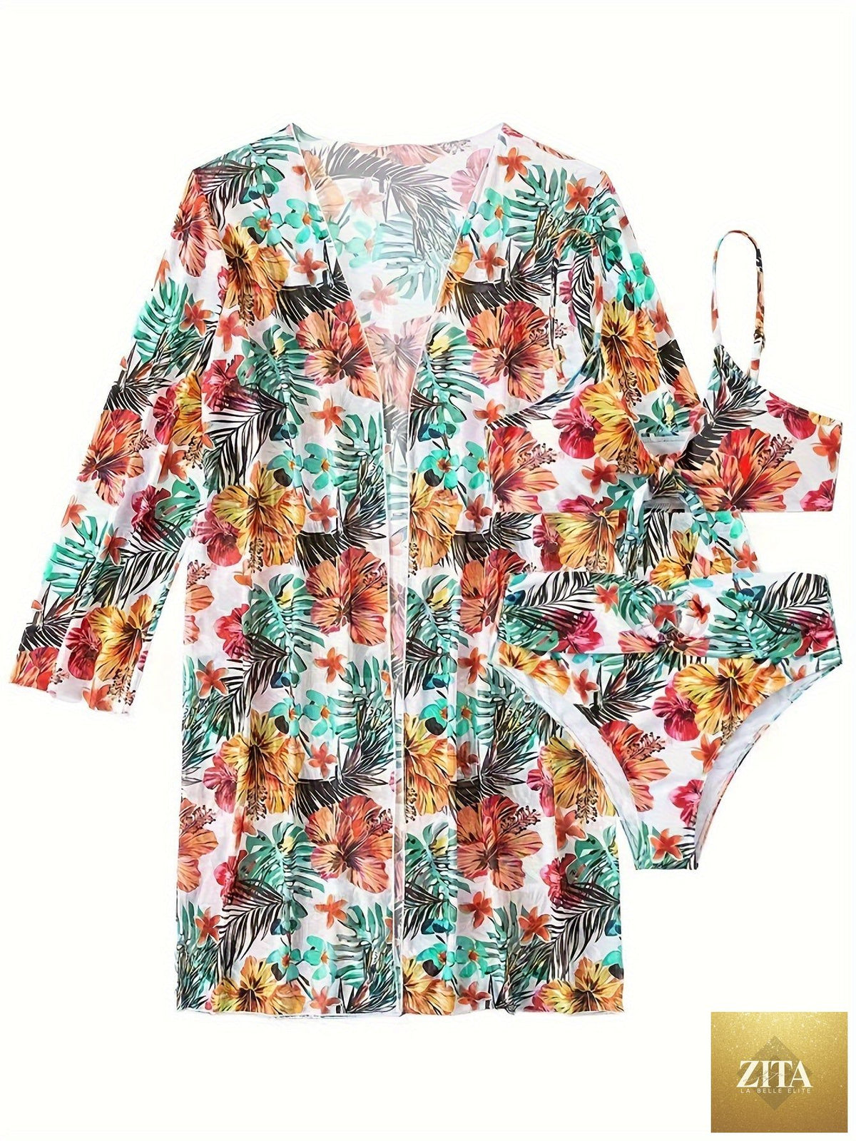 Stevvex Tropical Bloom 3-piece swimsuit set with high-waist floral bikini, crew neck top, spaghetti straps, and matching long sleeve cover-up