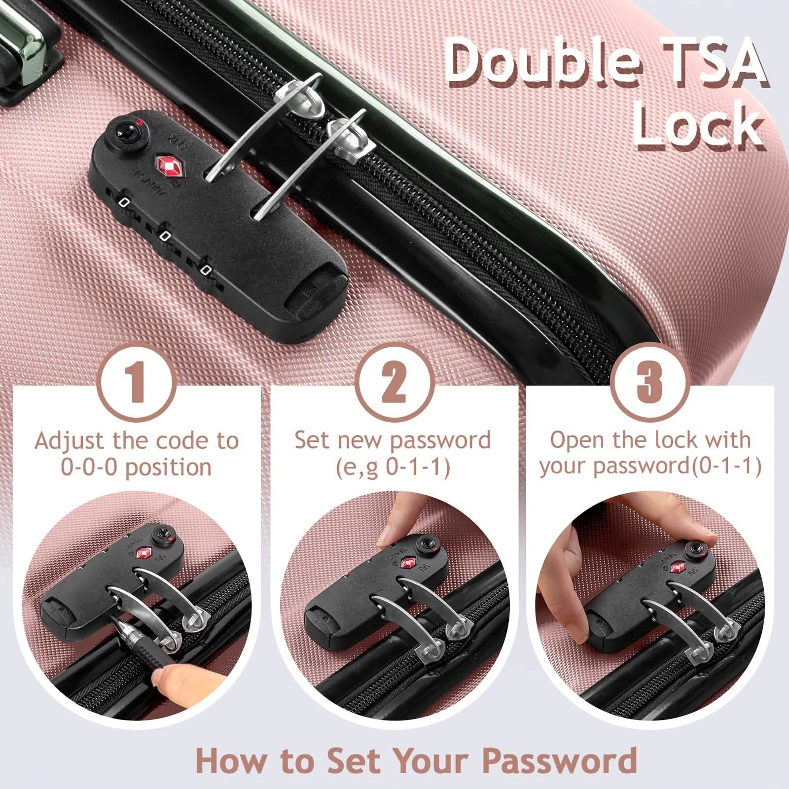 Three-piece hard shell travel luggage set with TSA locks and 360° spinner wheels in 20, 24, and 28 inches, black color.
