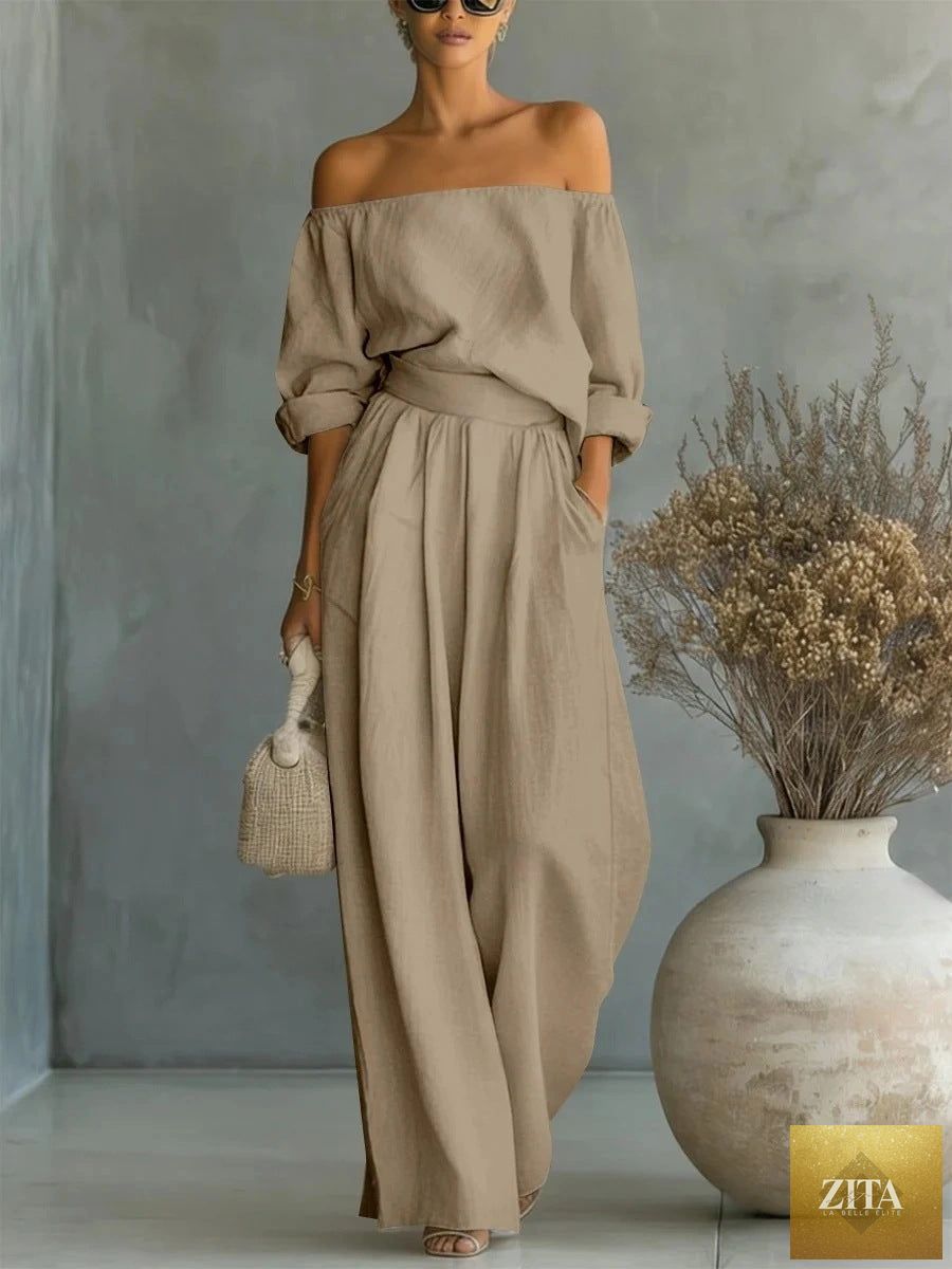 Zita La Belle Elite women's off-shoulder long-sleeve top and wide-leg pants casualwear set, stylish and comfortable for everyday wear