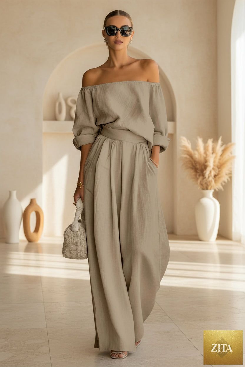 Women's Off-Shoulder Puff Sleeve Blouson Top & High-Rise Wide-Leg Pants Cotton-Linen Set