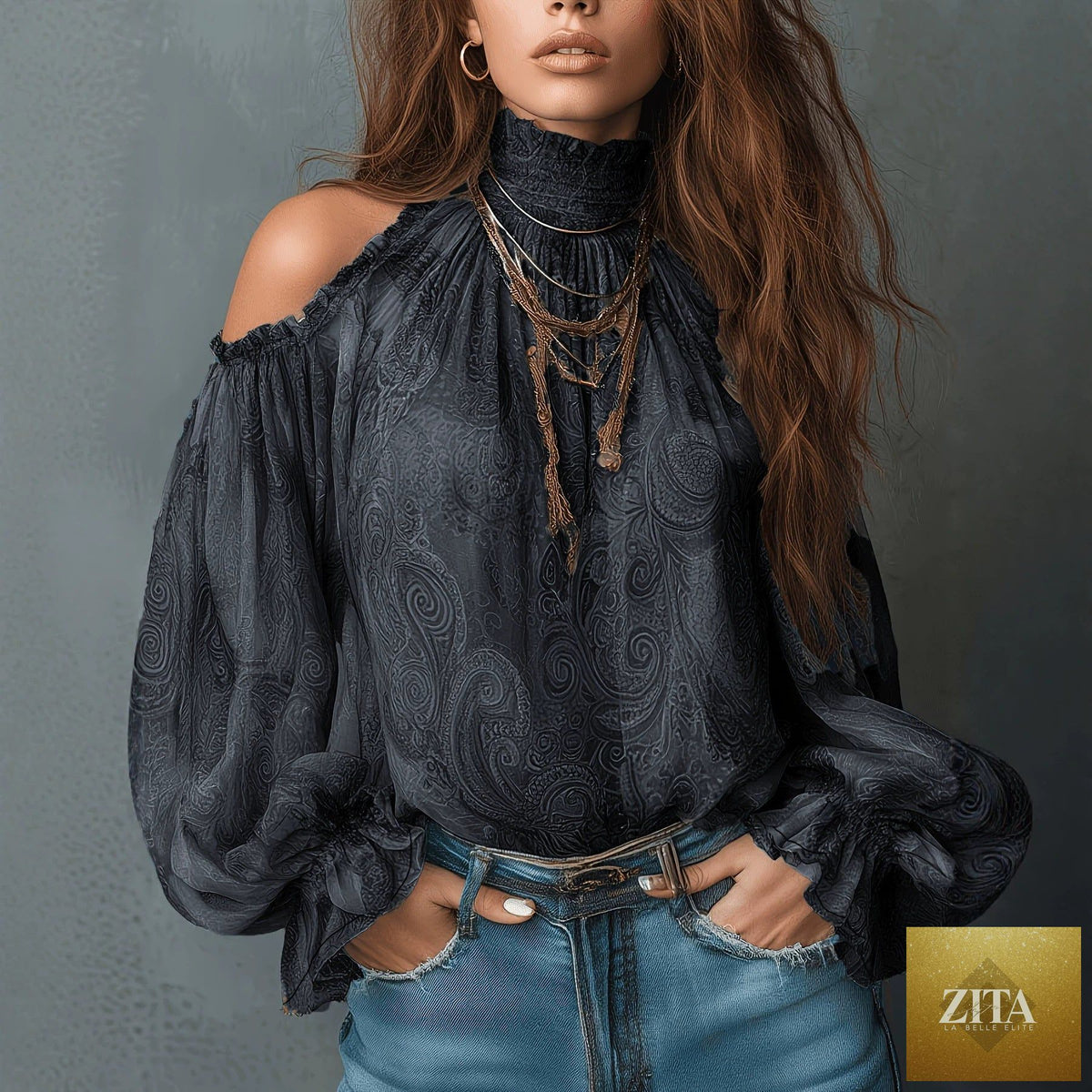 Women's retro cashew print off-shoulder blouse with lantern sleeves by Zita La Belle Elite, featuring a casual and stylish design.