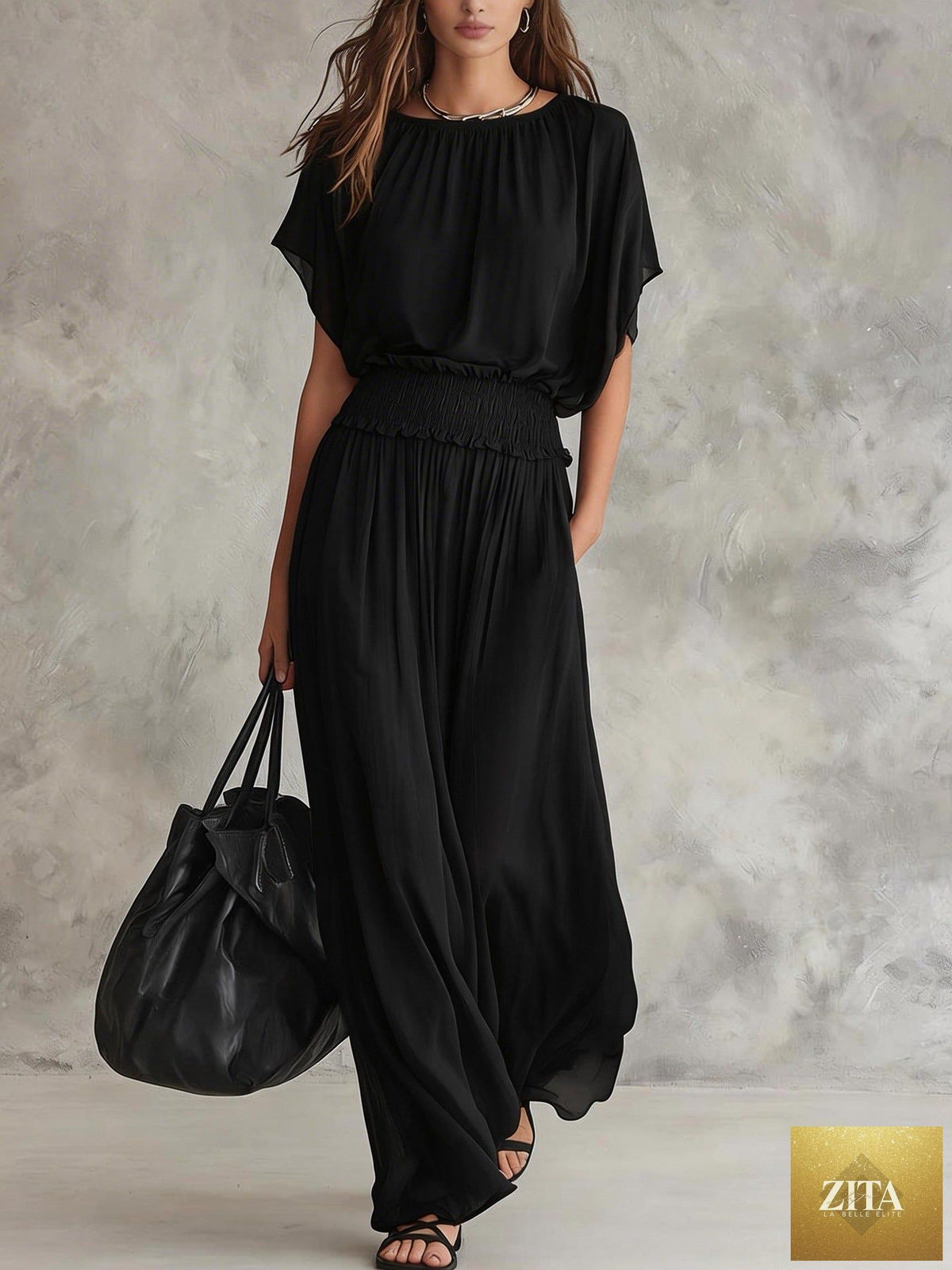 Women's chiffon maxi dress with high waist and ruched details, stylish and flowy from FitiqueFit.