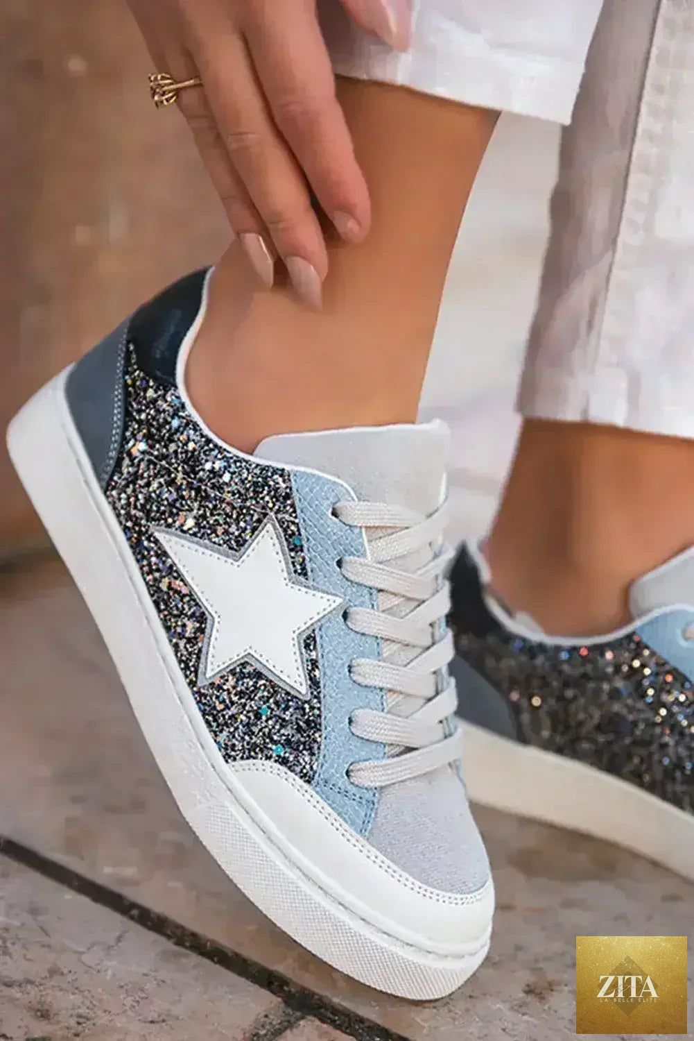 Silver sequin star sneakers by Femstylo with glitter lace-up design, perfect for a night out statement look.