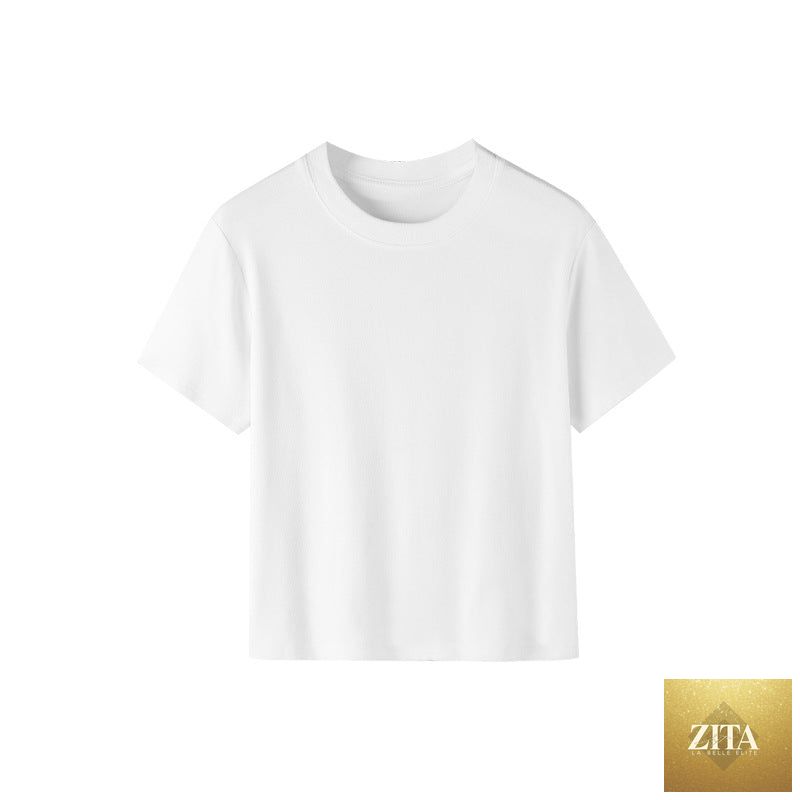 Slim-fit solid color cotton top by Zita La Belle Elite, casualwear, featuring a comfortable neckline and short sleeves in three colors.