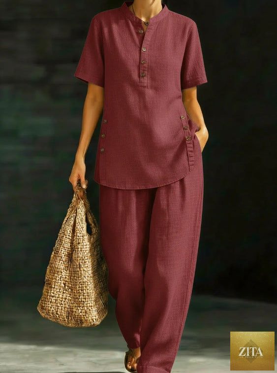 Zita La Belle Elite three-quarter sleeve shirt and wide-leg pants two-piece set in solid casual style, front view.