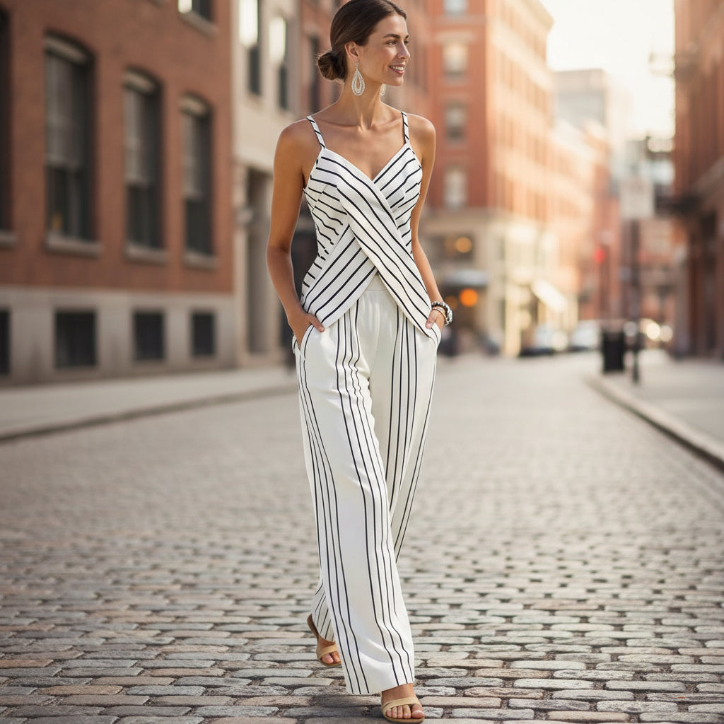 Women's striped V-neck sleeveless two-piece casualwear set by FitiqueFit, featuring a stylish and comfortable design.
