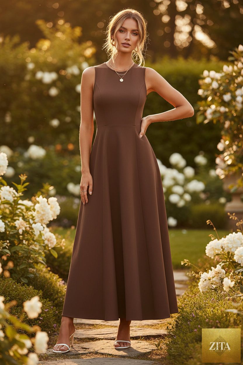 Women's slim-fit long vest dress by Zita La Belle Elite, sleeveless A-line high-waist casualwear in neutral fabric.
