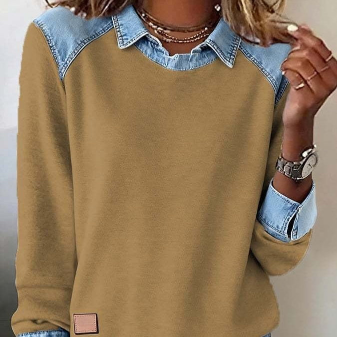 Women's casual denim collar patchwork pullover knitwear top by FitiqueFit, featuring street style design and cozy knit fabric.