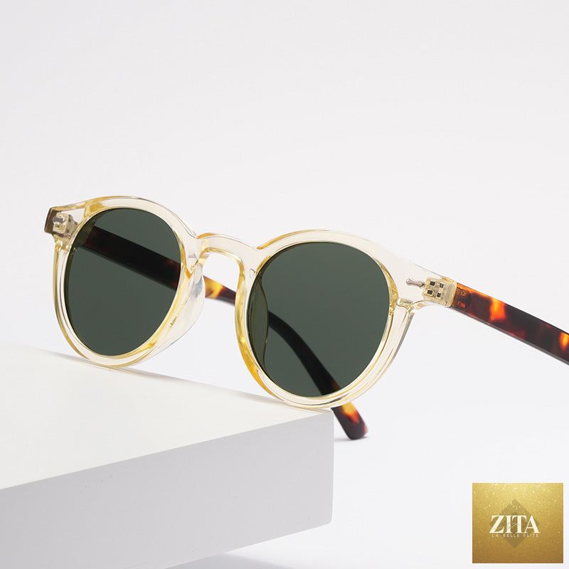 Retro round UV400 sunglasses with European style tinted frames, classic eyewear by FitiqueFit.