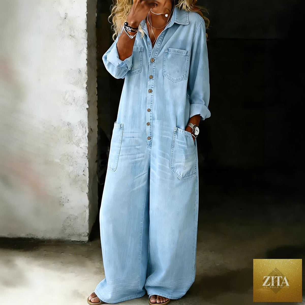 Women's vintage washed wide-leg jumpsuit with pockets by Zita La Belle Elite, featuring a relaxed fit and stylish design.