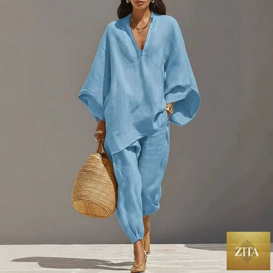 Zita La Belle Elite women's casual loose shirt and cropped pants two-piece set, vintage-inspired co-ord, relaxed fit, soft fabric.
