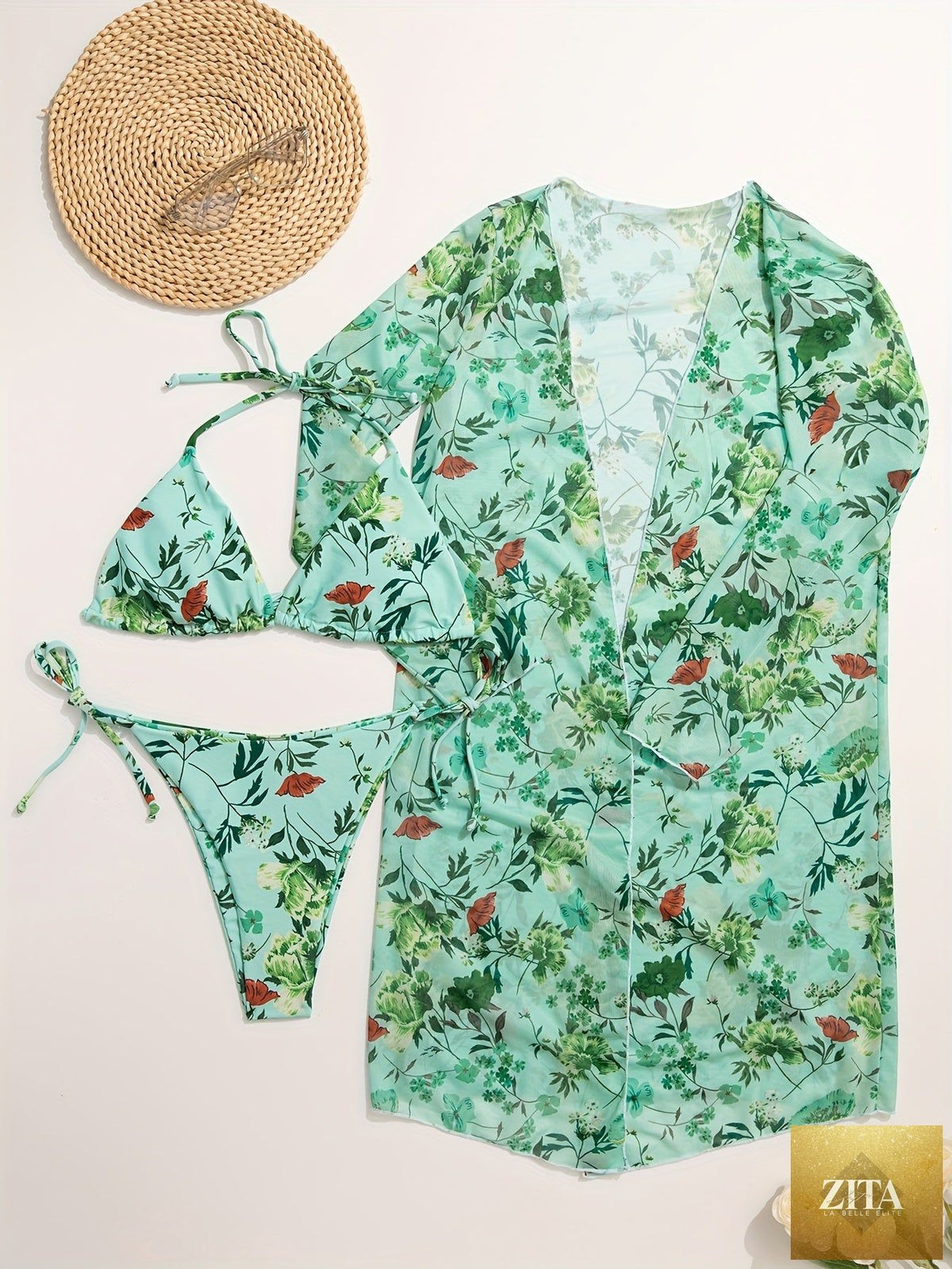 European style floral print bikini set for women with V-neck, cross straps, matching long sleeve cover-up, perfect for summer beach.