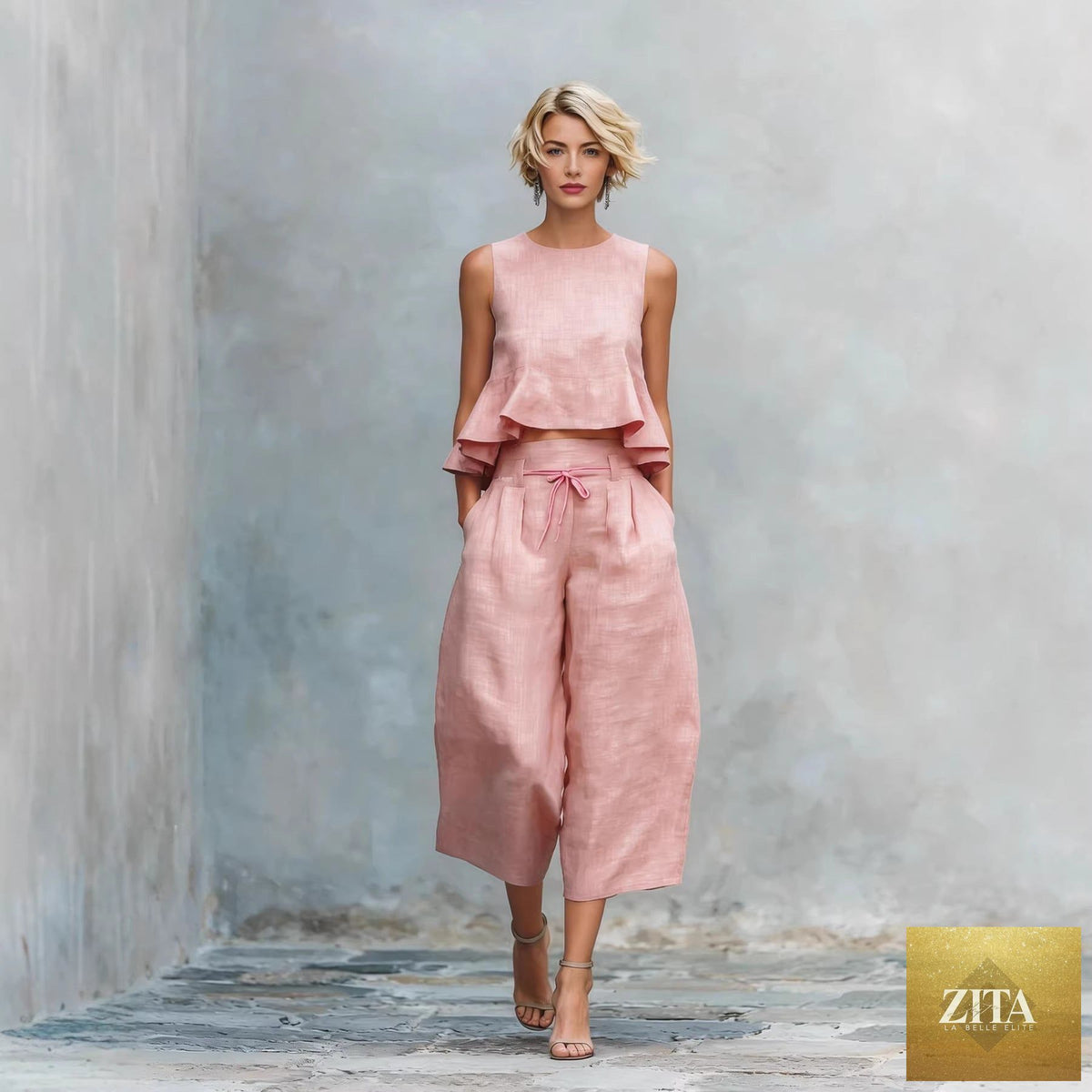Women’s linen-blend sleeveless two-piece casualwear set with ruffled detailing by Zita La Belle Elite, featuring a relaxed fit and lightweight fabric.