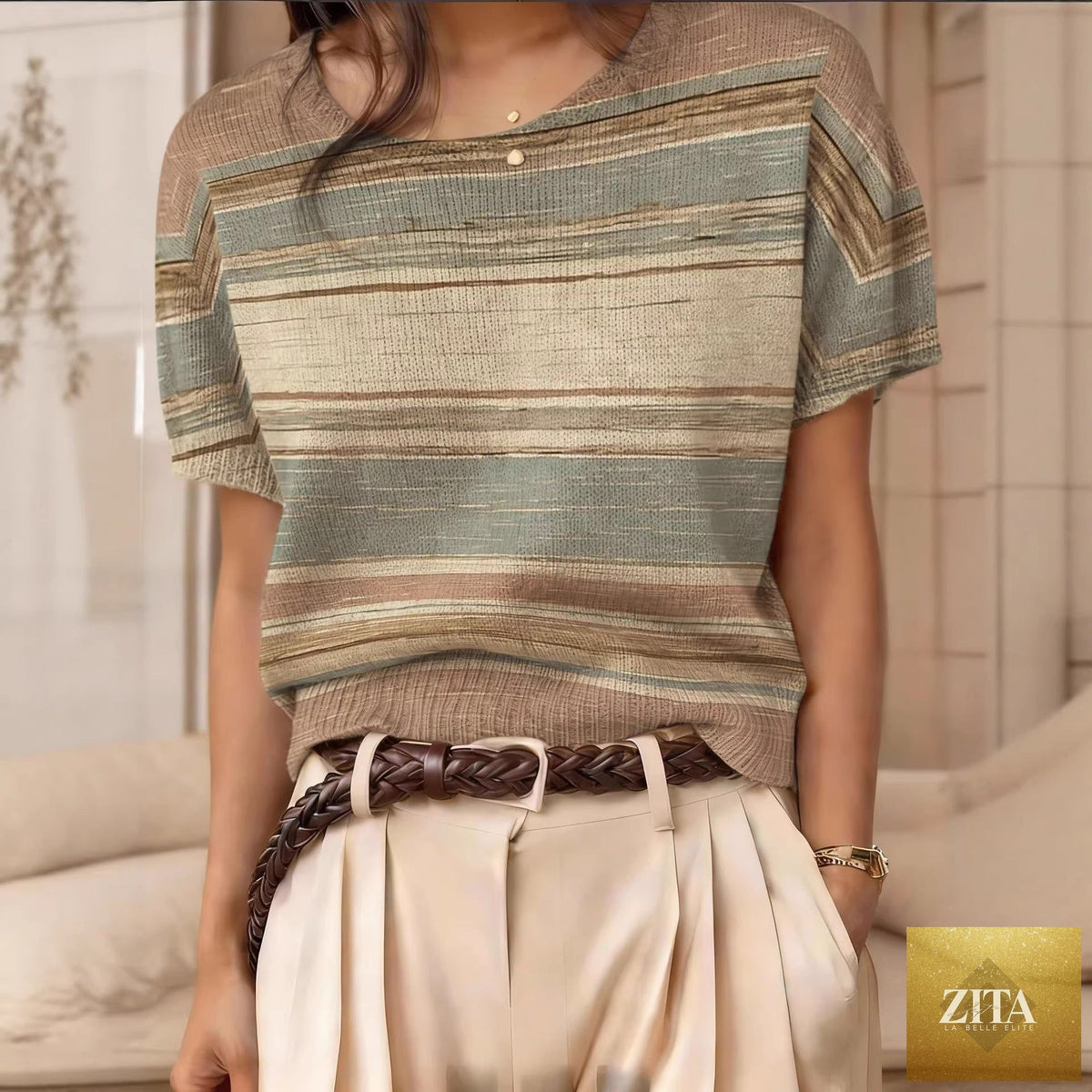 Women's retro short-sleeve jacquard knit top by Zita La Belle Elite, featuring a stylish patterned design and casual fit.