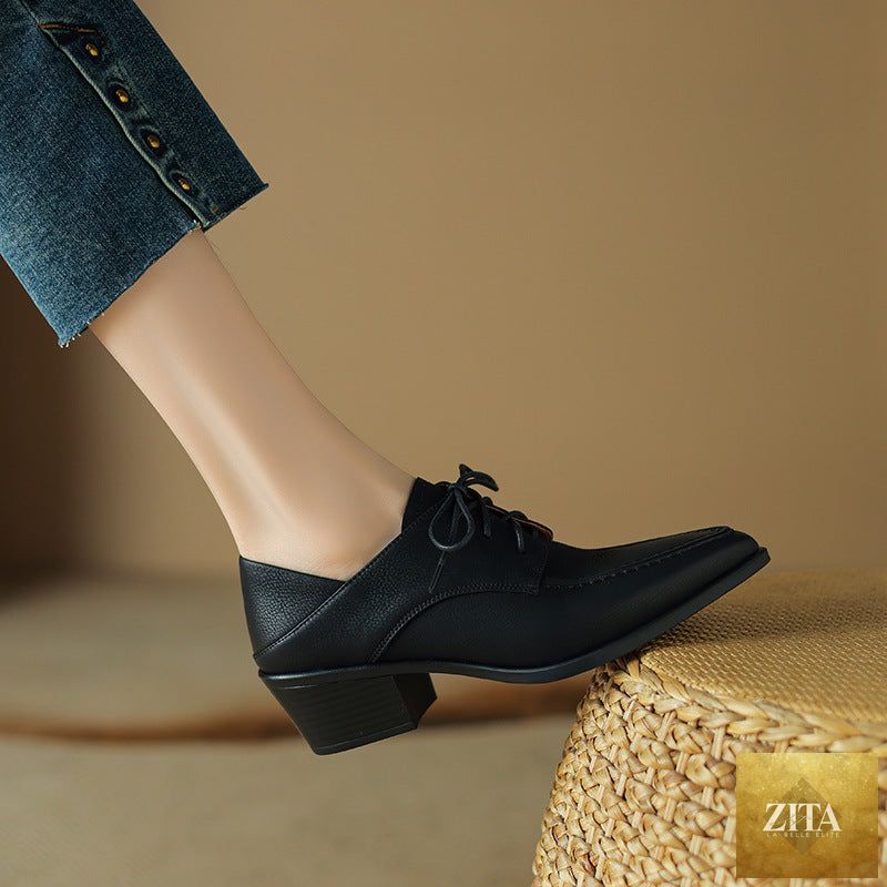 Women's retro strap chunky heel pointed-toe shoes by FitiqueFit, featuring stylish design and comfortable fit.