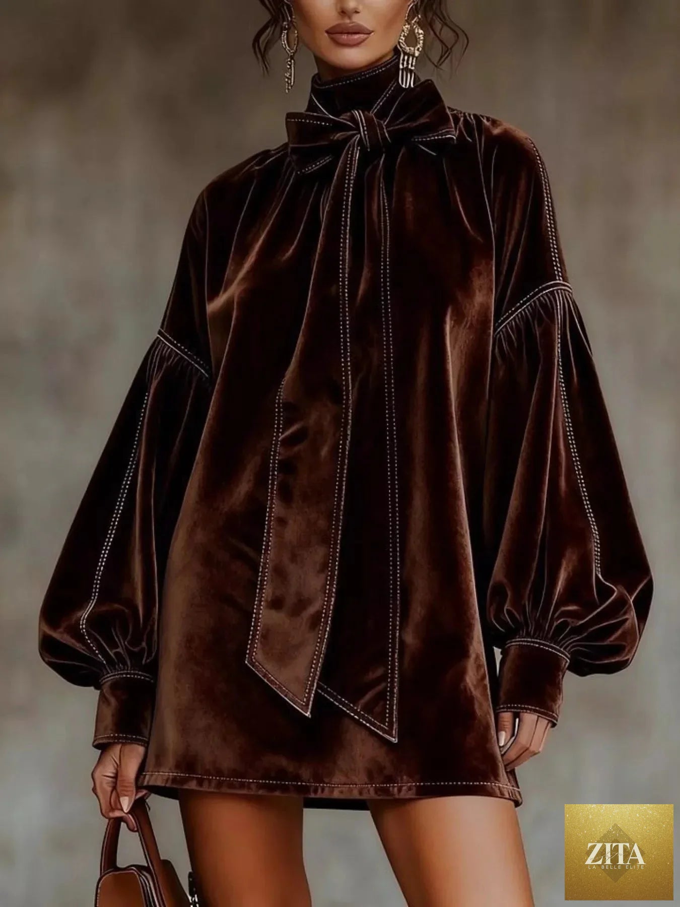 Velvet bow-tie long sleeve mini dress by Shopiebay featuring a fitted silhouette and stylish bow detail at the neckline.