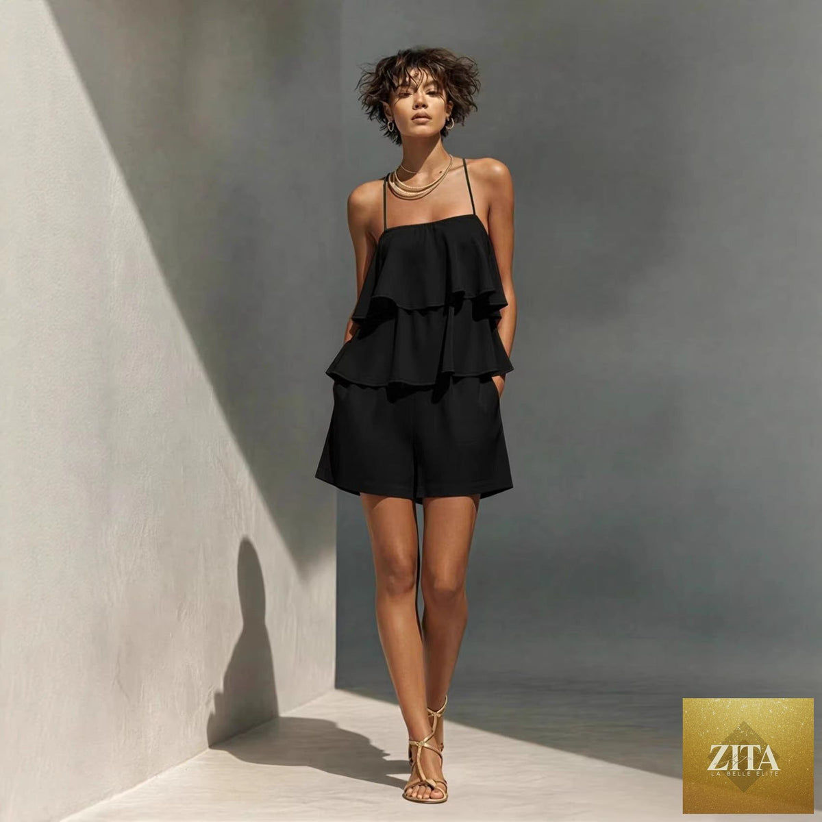 Women's multi-layer ruffle camisole and shorts set by Zita La Belle Elite, casualwear with ruffled details and comfortable fit.