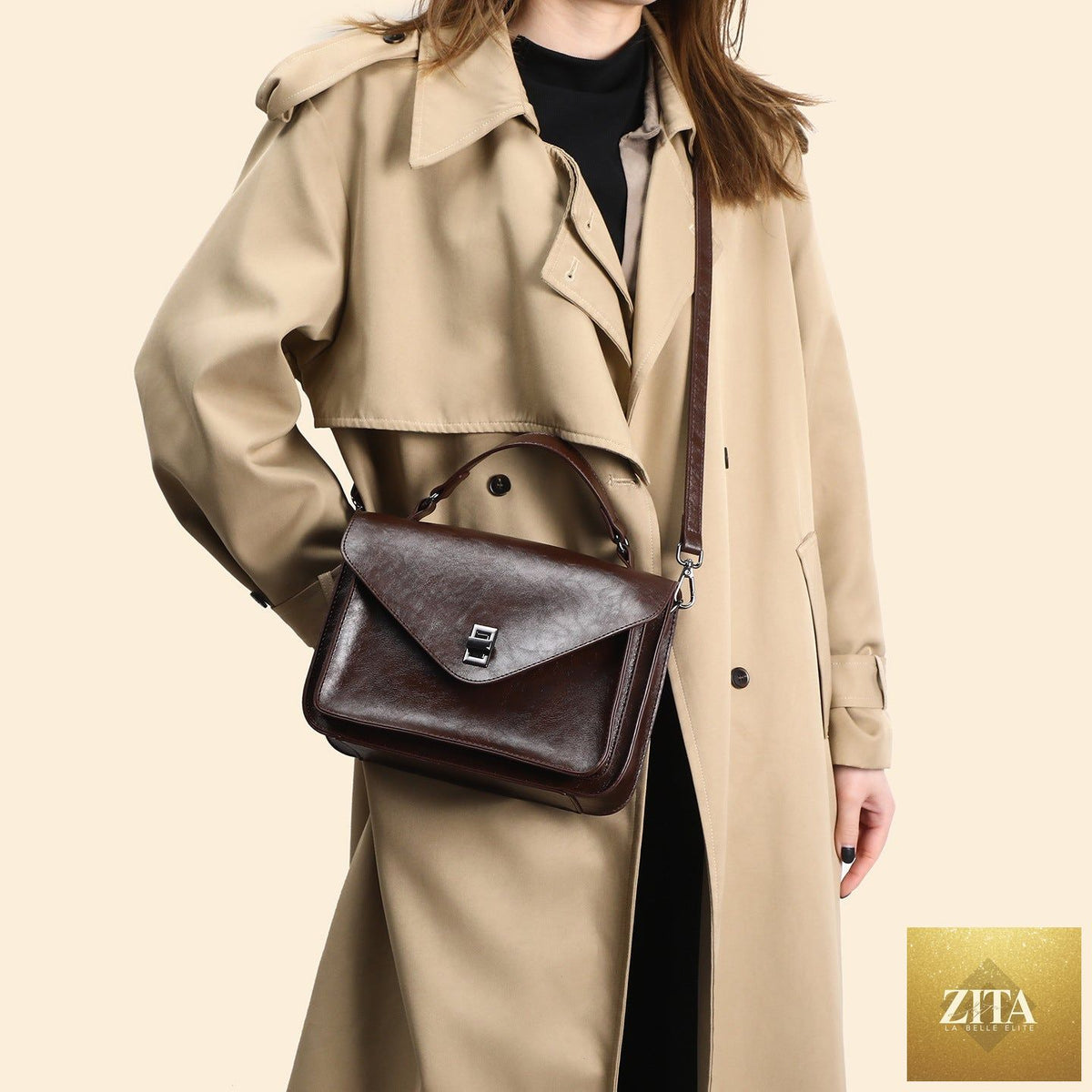 Oil-waxed leather vintage women's handbag by Social Buzz eSIMs featuring a minimalist and elegant fashion design.