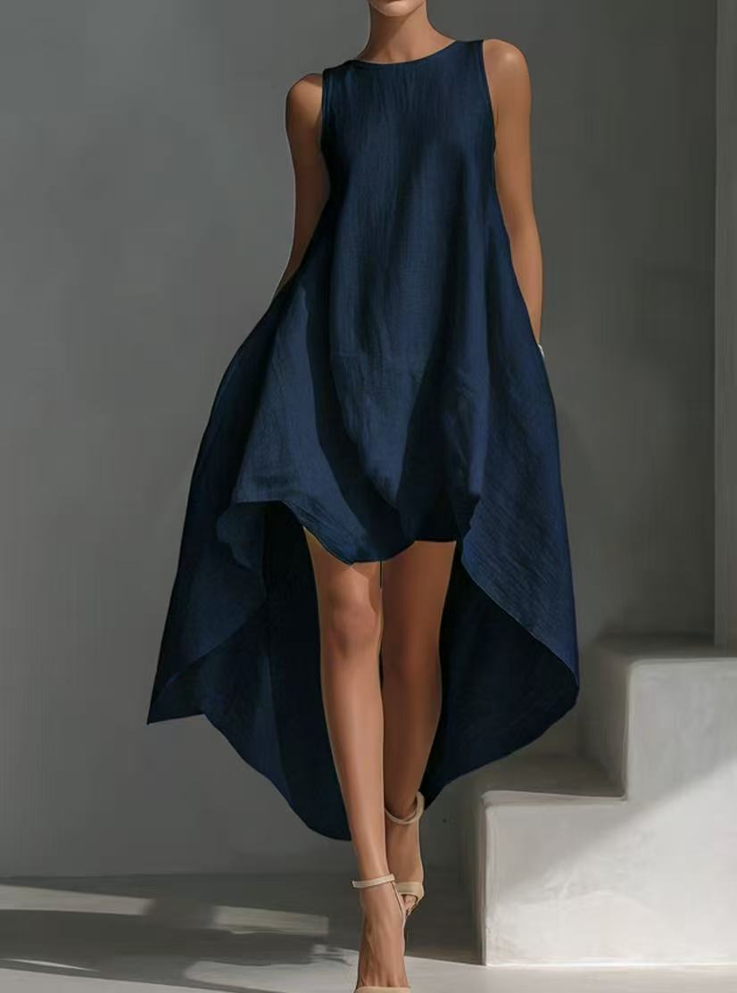 Women's sleeveless high-low linen blend summer dress with irregular hem by FitiqueFit, casualwear perfect for warm weather.