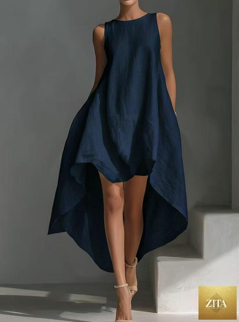 Women's sleeveless high-low linen blend dress with irregular hem, casual summer wear by FitiqueFit, shown on a model.