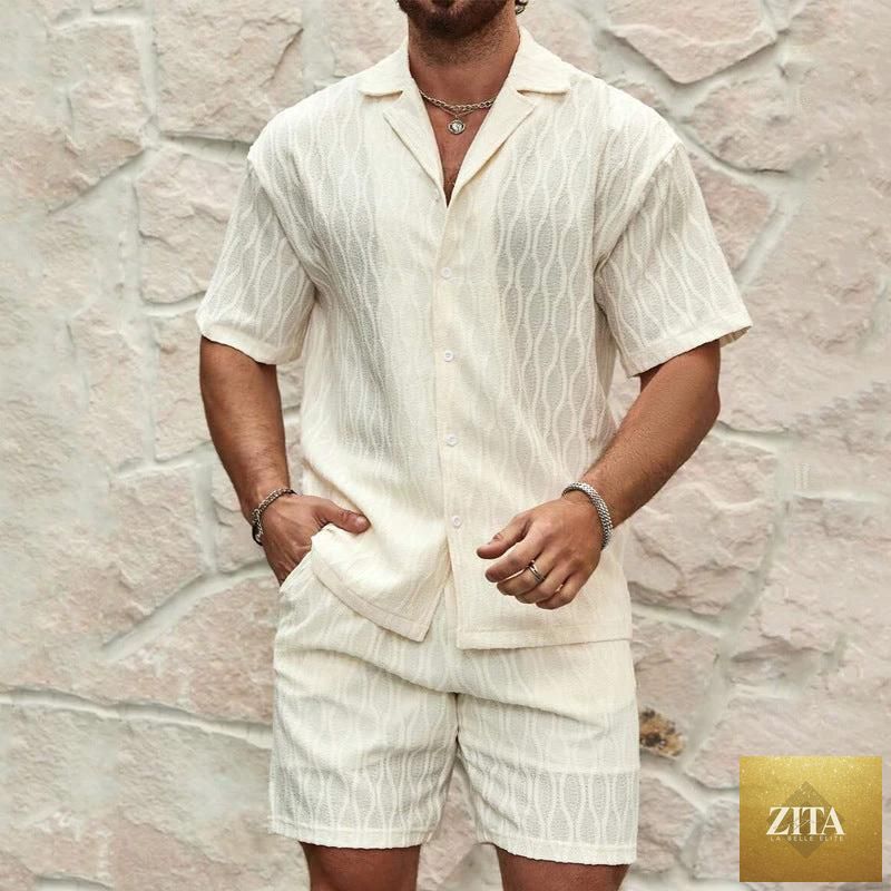 Mandotos men's summer 2-piece cover-up swimsuit with relaxed fit lapel shirt and shorts, ideal for beach holidays.
