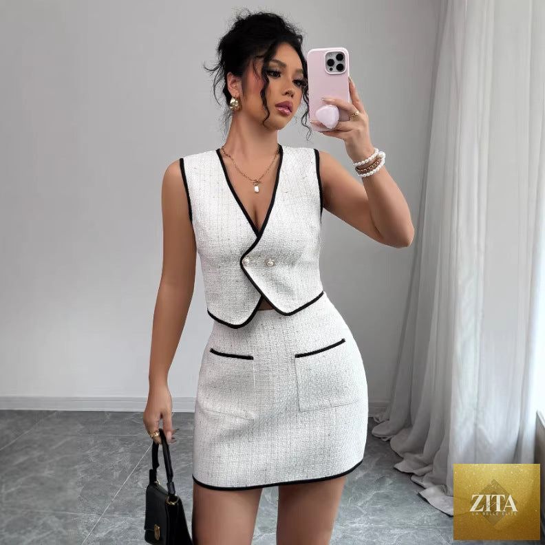 Zita La Belle Elite sleeveless irregular top and color-block pocket A-line skirt set, casualwear with modern, stylish design.