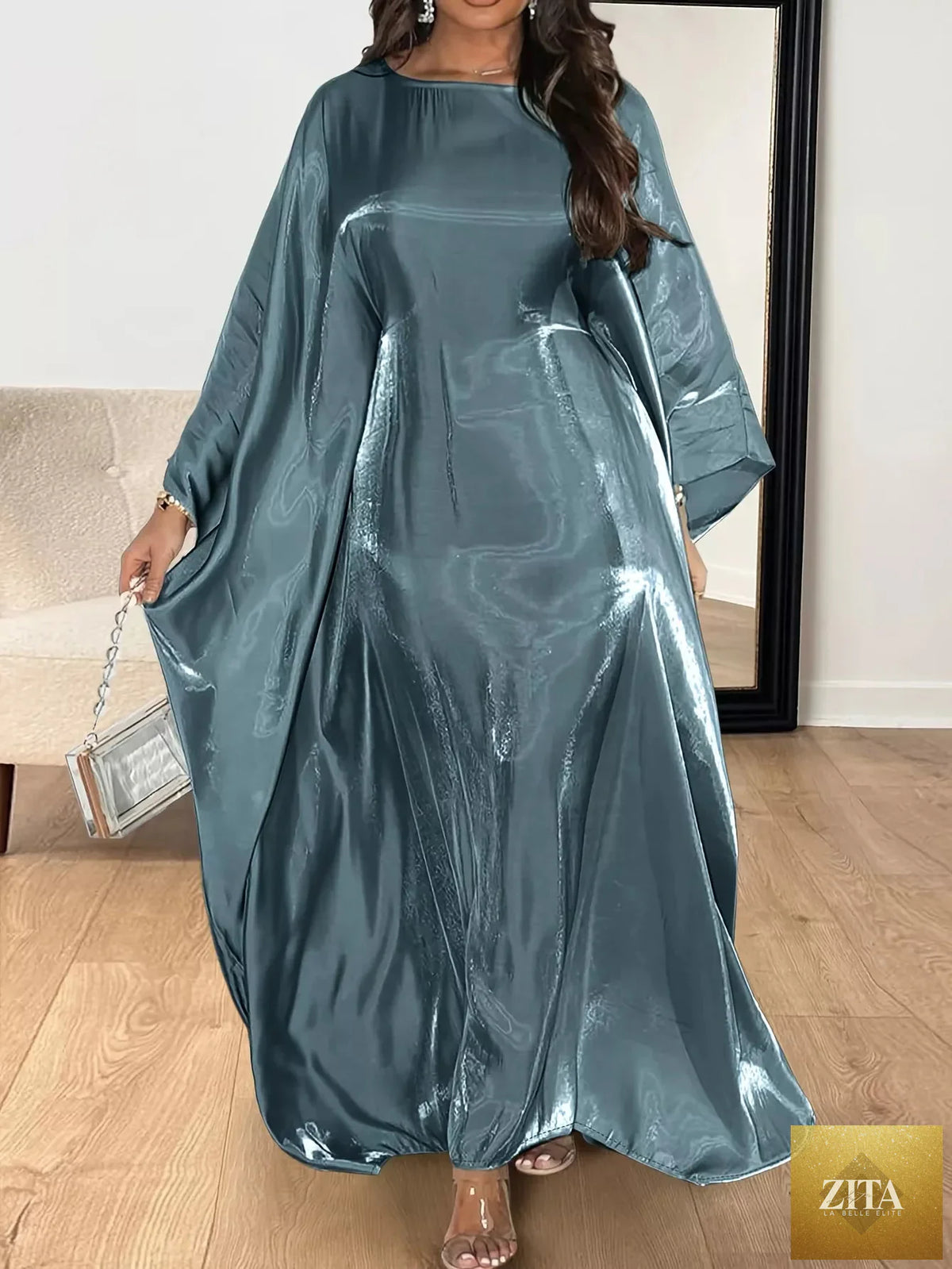 Round neck kimono sleeve maxi dress by Shopiebay, flowing fabric, elegant design, full-length dress with a relaxed fit.