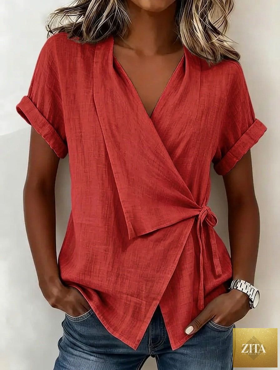 Women's casual linen top with lapel collar and lace-up front, short sleeves, by Zita La Belle Elite.