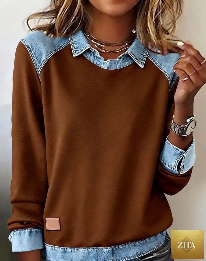 Women's denim collar patchwork pullover knitwear top by FitiqueFit, showcasing casual street style with a trendy patchwork design.