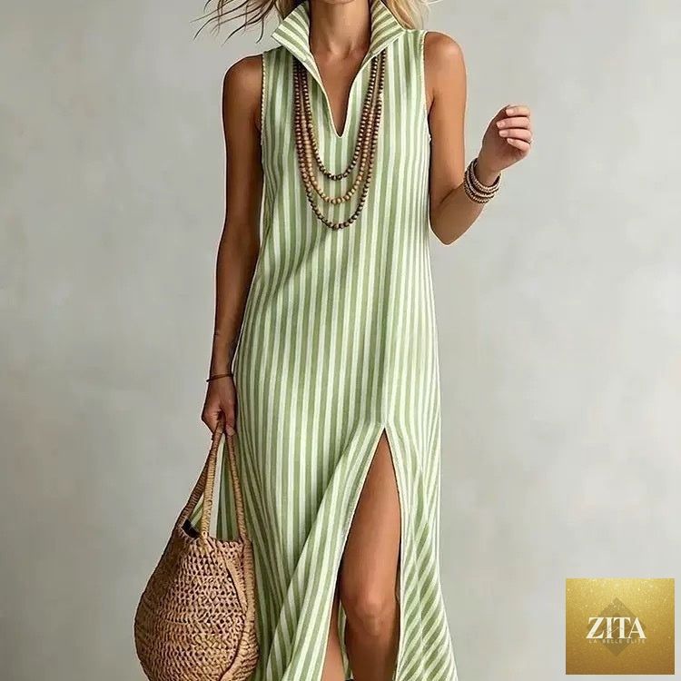 Striped sleeveless maxi dress with stand collar, side slit, and A-line silhouette by FitiqueFit, perfect for casualwear.