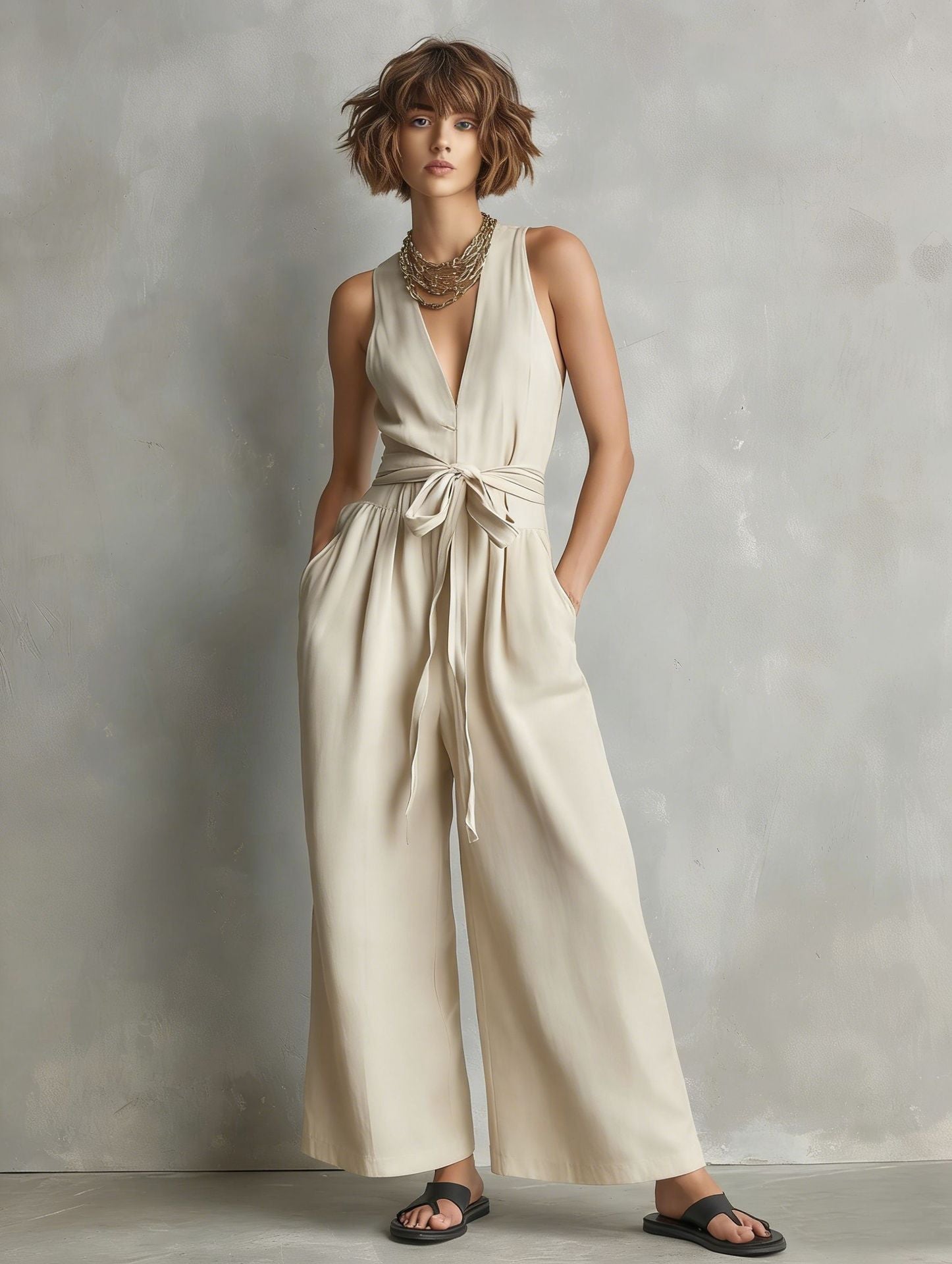 Women's Elegant V-Neck Sleeveless Commuter Jumpsuit