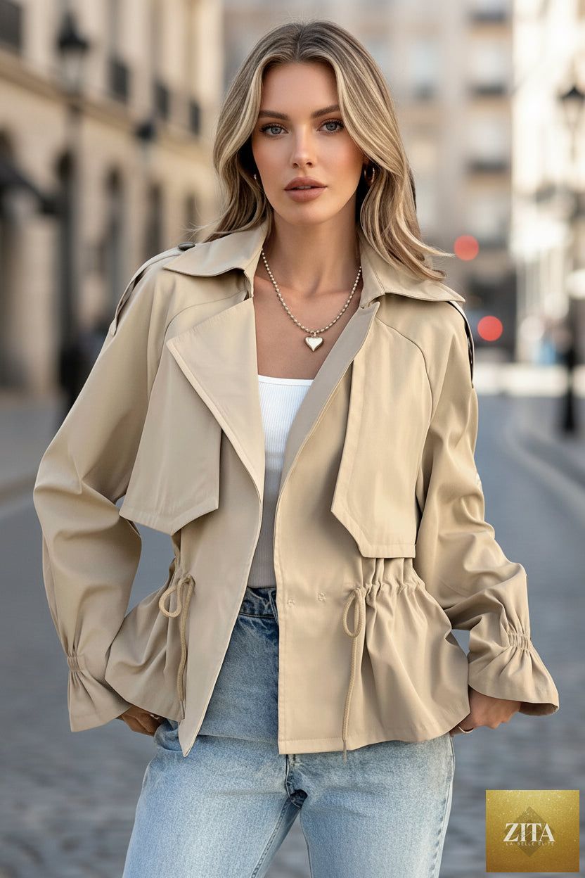 Women's khaki jacket by Zita La Belle Elite with drawstring waist, casual style, and figure-flattering fit.