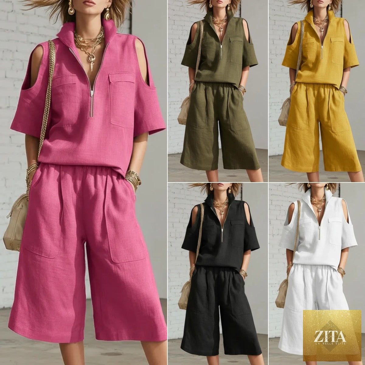 Zita La Belle Elite short-sleeve shirt and loose shorts two-piece casual set, shown in a relaxed fit with a stylish design.