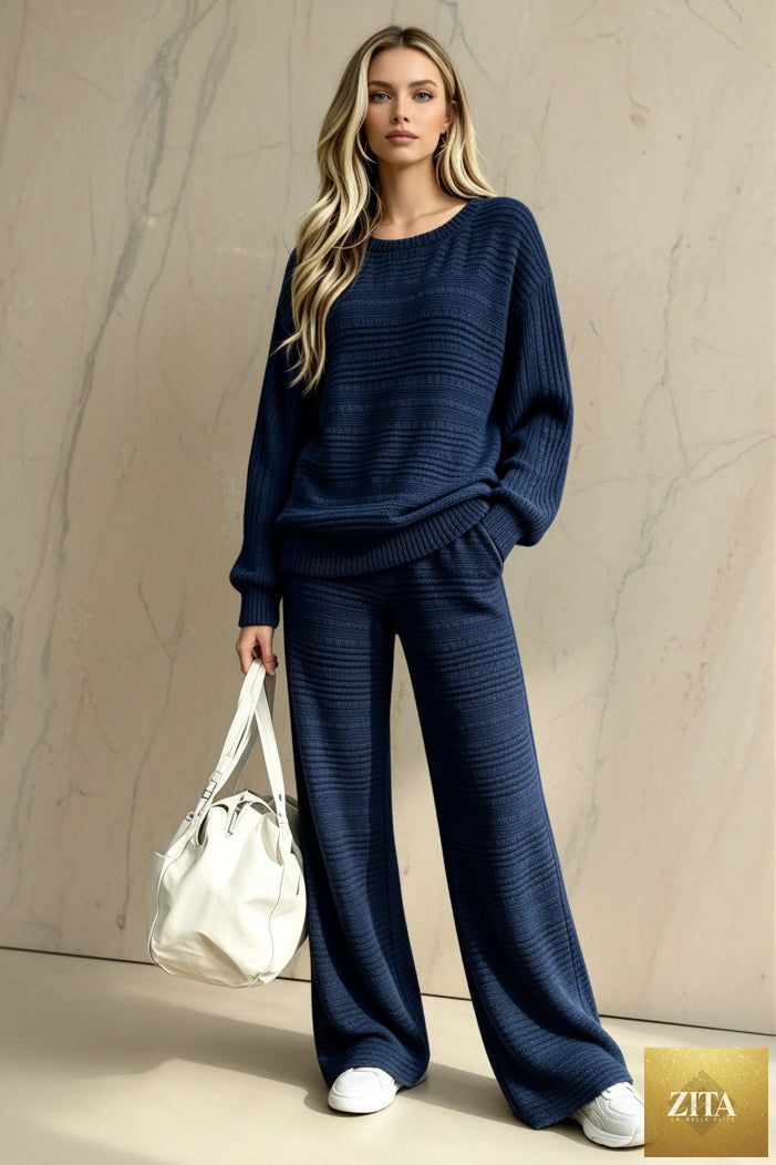 Women's Oversized Horizontal Ladder-Knit Drop-Shoulder Sweater & Wide-Leg Knit Pants Set