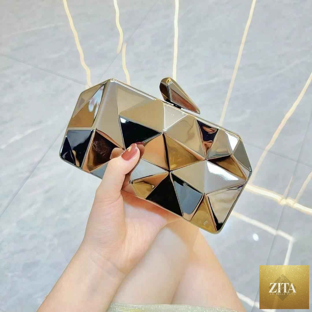 Geometric lattice acrylic evening bag for women by SHOMICOBOUTIQUE with metal chain strap and clutch design.