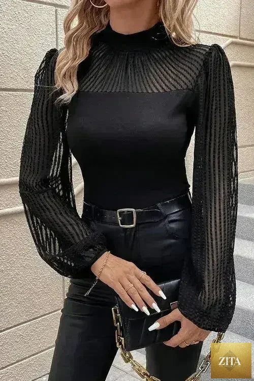 Femstylo mock neck long sleeve blouse, stylish and trendy top featuring a fitted design and elegant neckline.