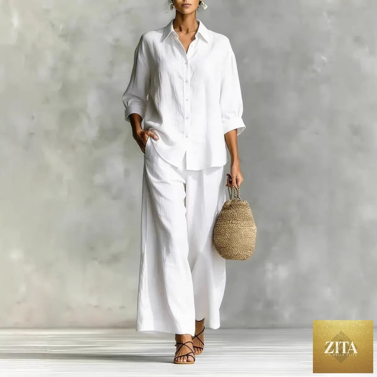 Zita La Belle Elite casual cotton-linen shirt and wide-leg pants suit in six colors, featuring relaxed fit and stylish design.