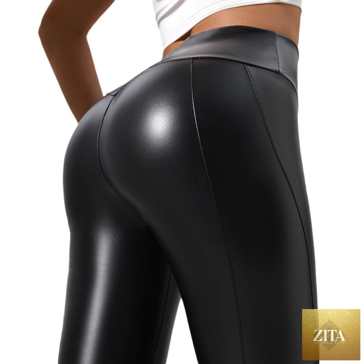 Women’s patchwork leather pants by Zita La Belle Elite, casualwear for running, fitness, and yoga, showing the stylish design and fit.