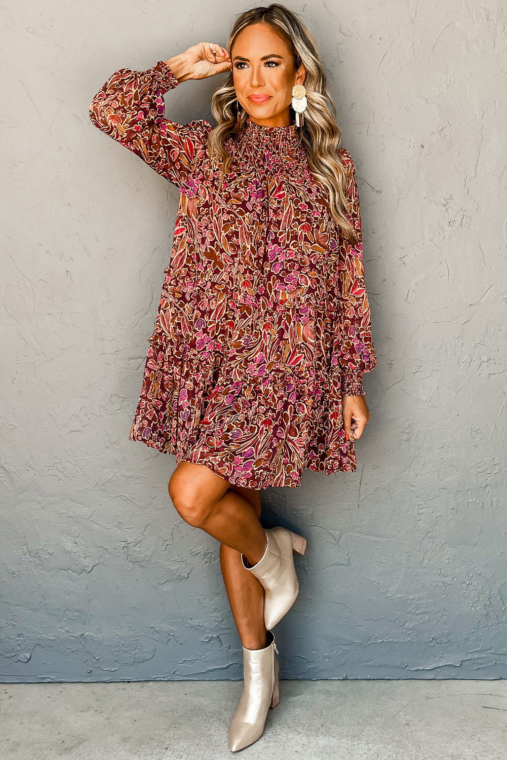 Red floral print long sleeve mini dress with shirred high neck and loose fit, from Wild and Free Boutique.