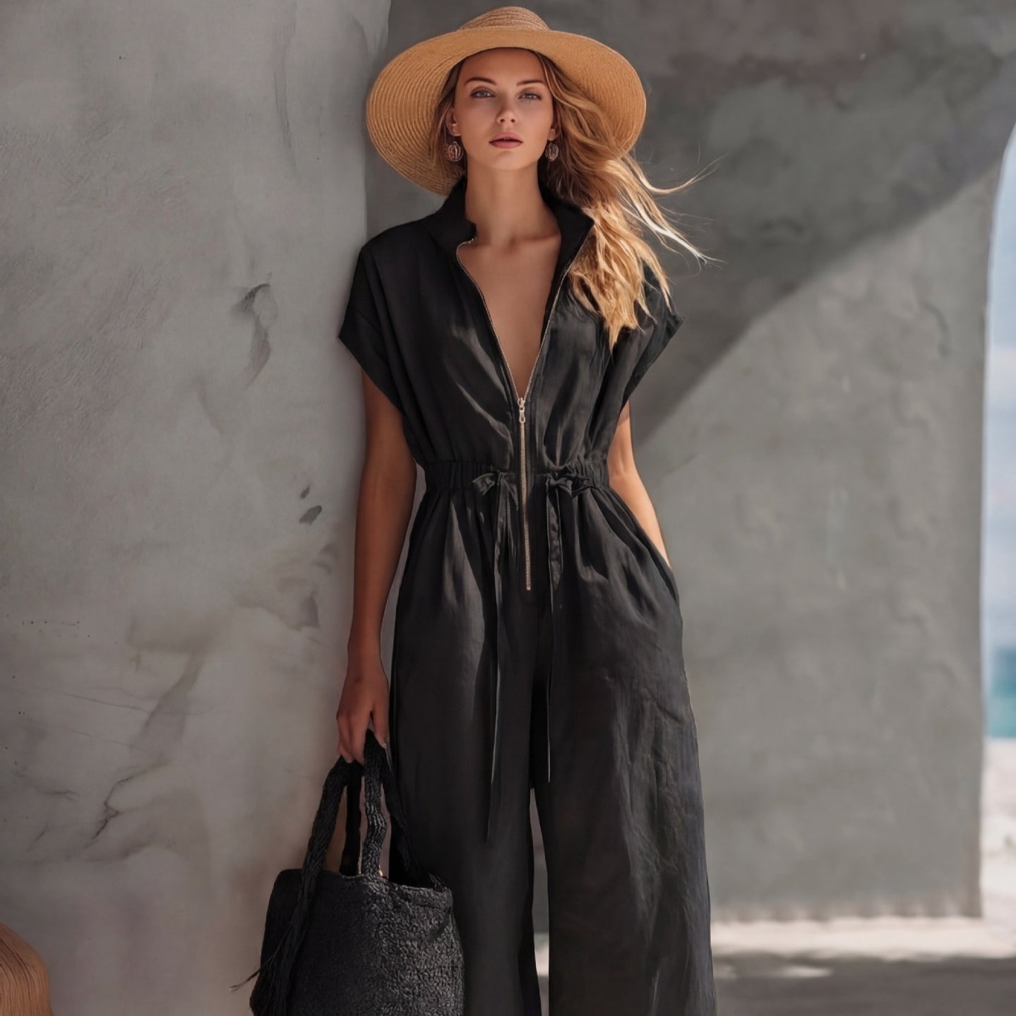 Casual FitiqueFit Retro Resort V-neck jumpsuit with drop shoulders, loose fit, perfect for relaxed summer or resort wear.