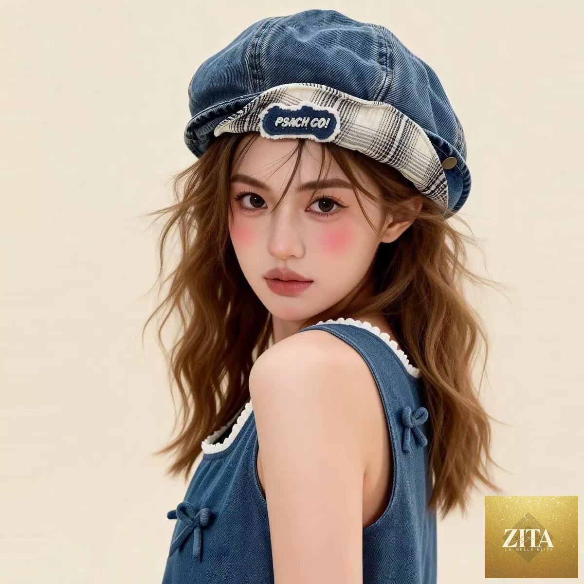 Zita La Belle Elite double-brim turned-up denim beret with breathable cotton, stylish women’s hat with a unique, turned-up brim design.