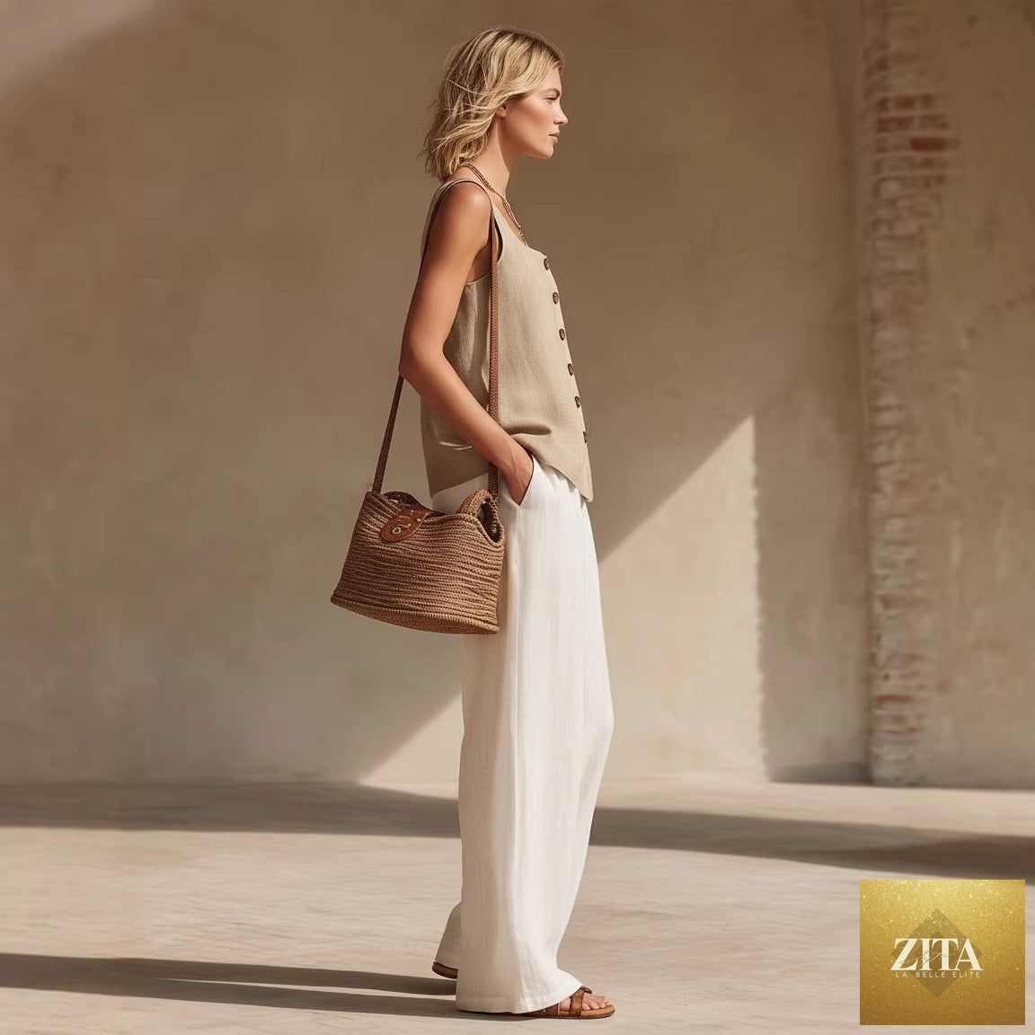 Zita La Belle Elite women's casual sleeveless cardigan, front-button top, and long pants set, stylish and comfortable everyday wear.