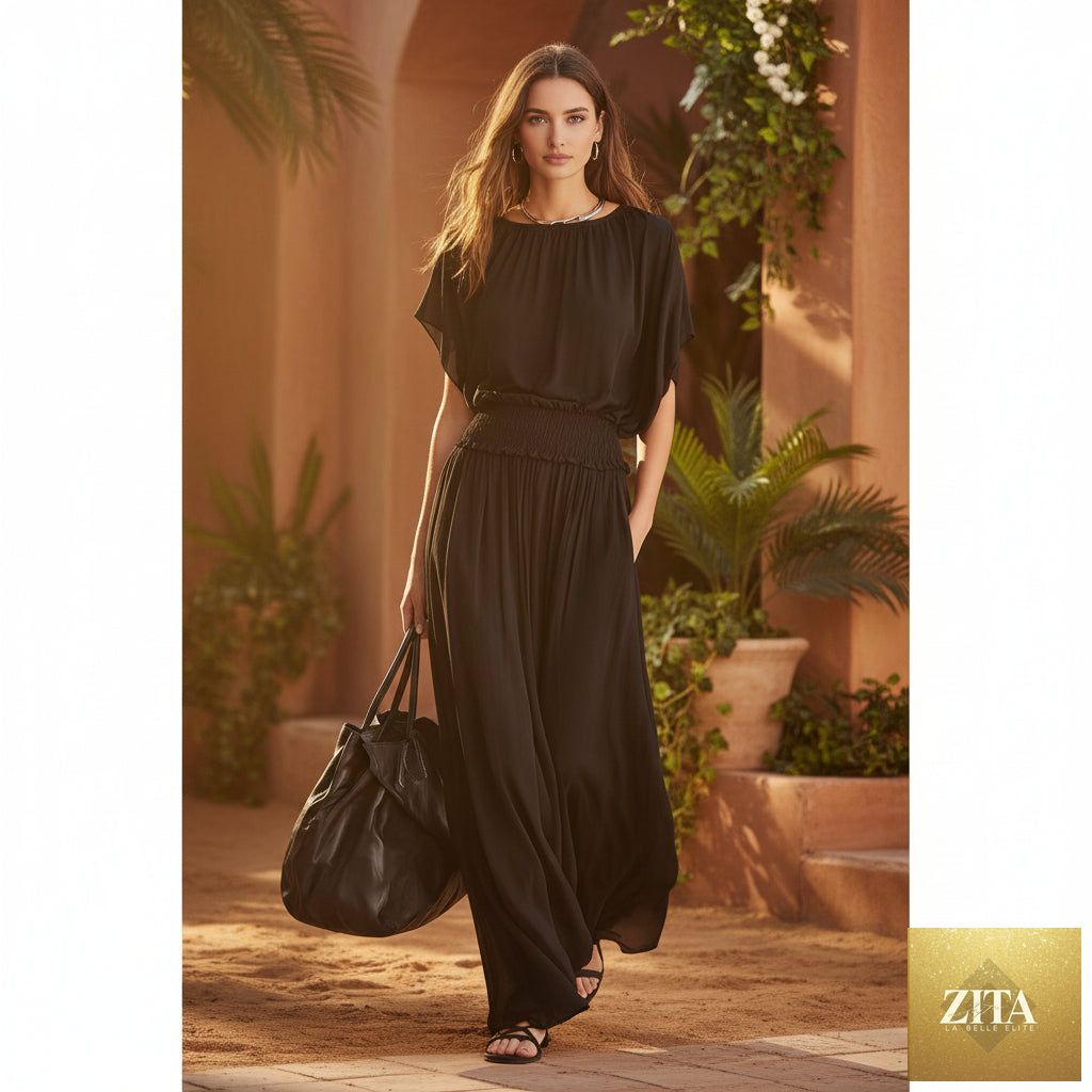Women's chiffon high-waist ruched maxi dress by FitiqueFit, flowing design with pleated bodice and elegant length.